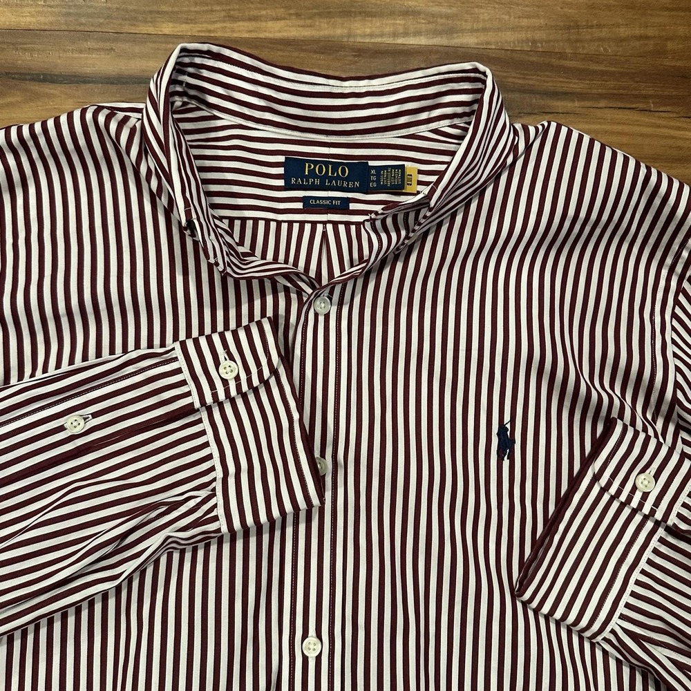 Polo Ralph Lauren Shirt Mens XL Red Stripe Classic Fit Button Down Long Sleeve